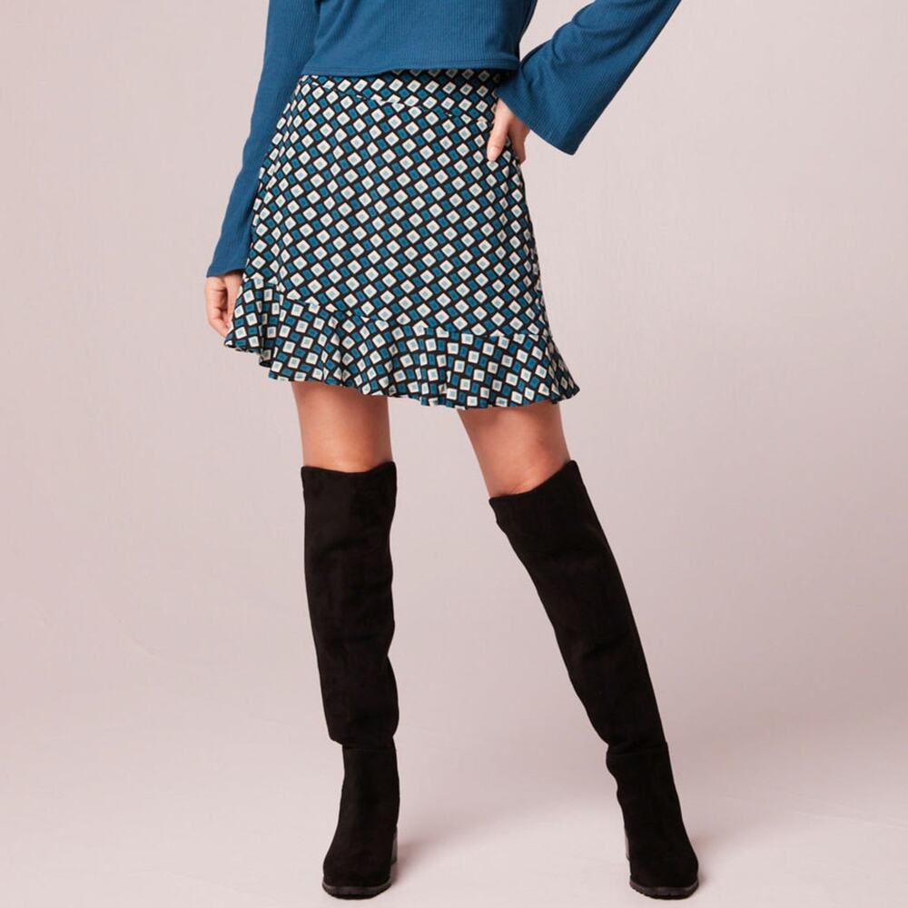 NWT Band Of The Free Colette Diamond Print Ruffle Hem Mini Skirt Preppy Teal L - Picture 2 of 10